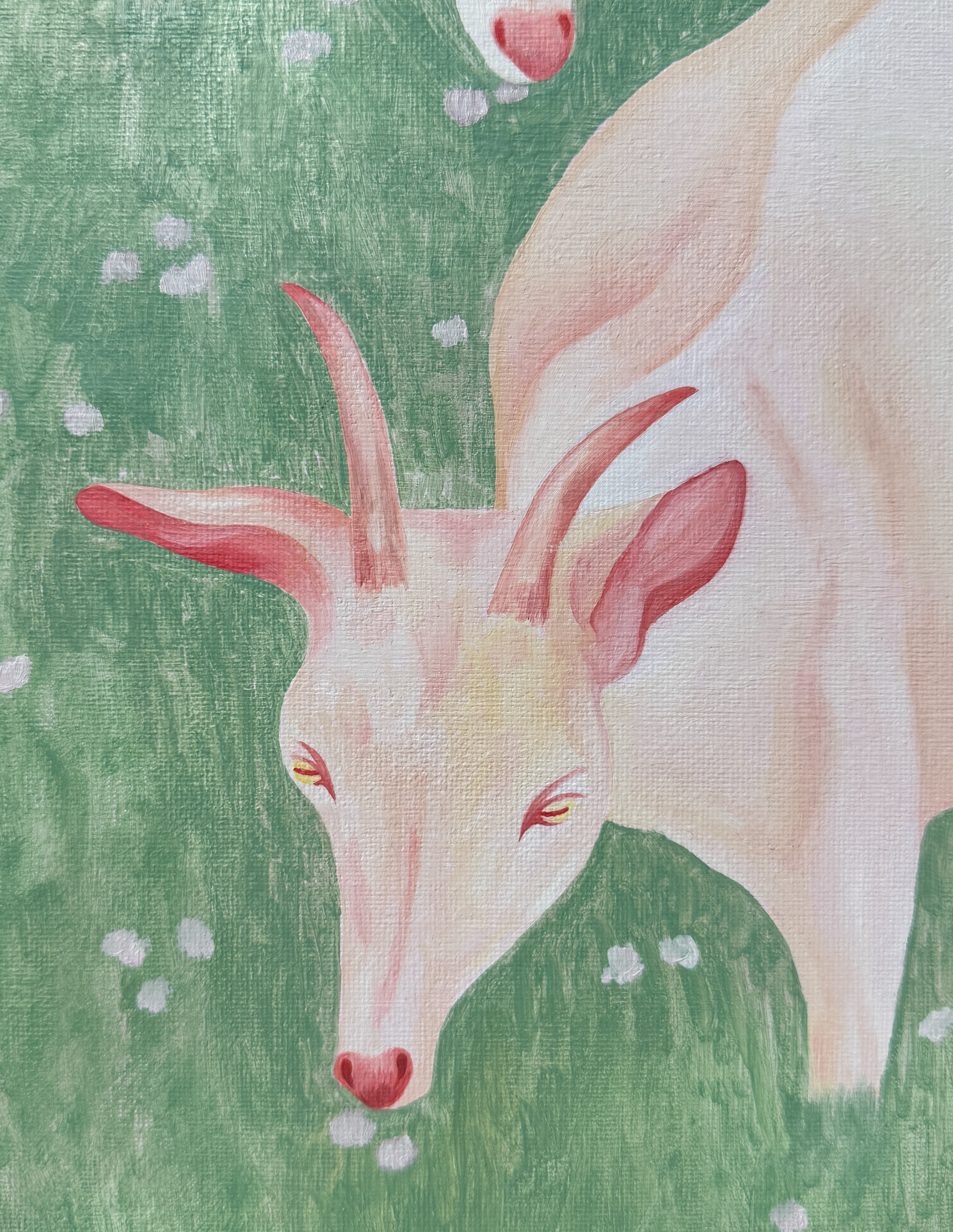 Фрагмент картины маслом на картоне, изображающий голову и часть тела светло-розового козла с рогами, склонившегося над зеленым фоном с белыми цветами, и часть головы другого животного сверху