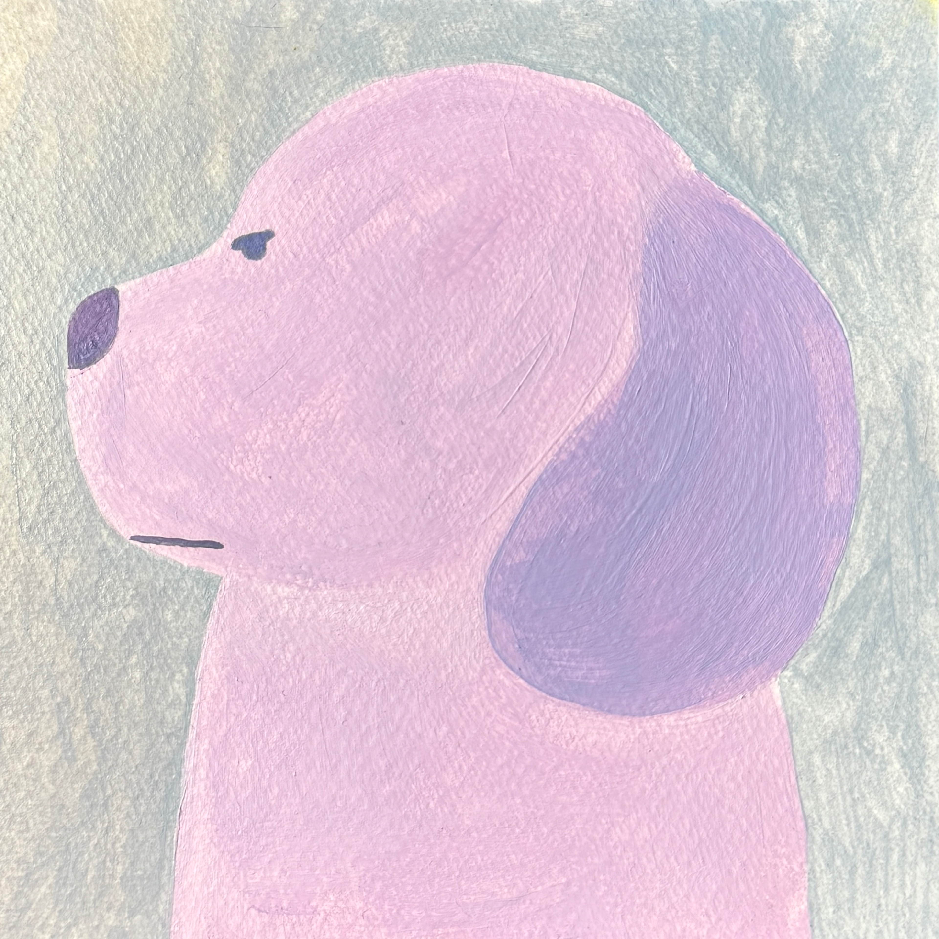 Стилизованная собака розового и фиолетового цвета на светло-голубом фоне, масло на бумаге, 14 на 14 сантиметров, бумага