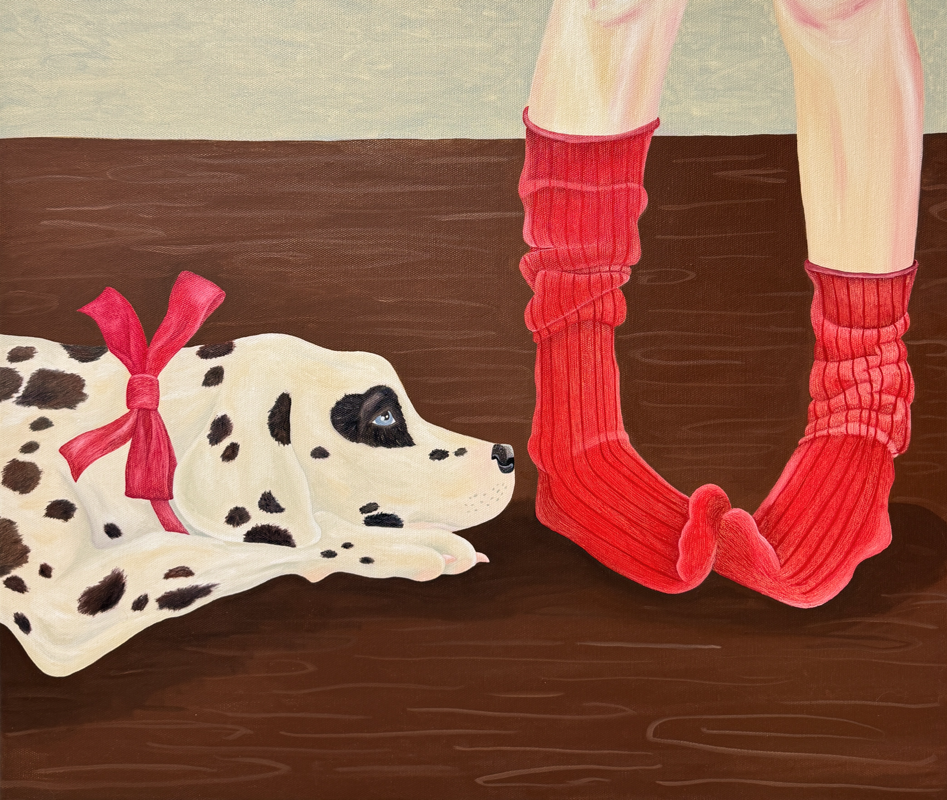далматинец с красным бантом и ноги в красных носках на коричневом фоне масло холст 50 × 70 см