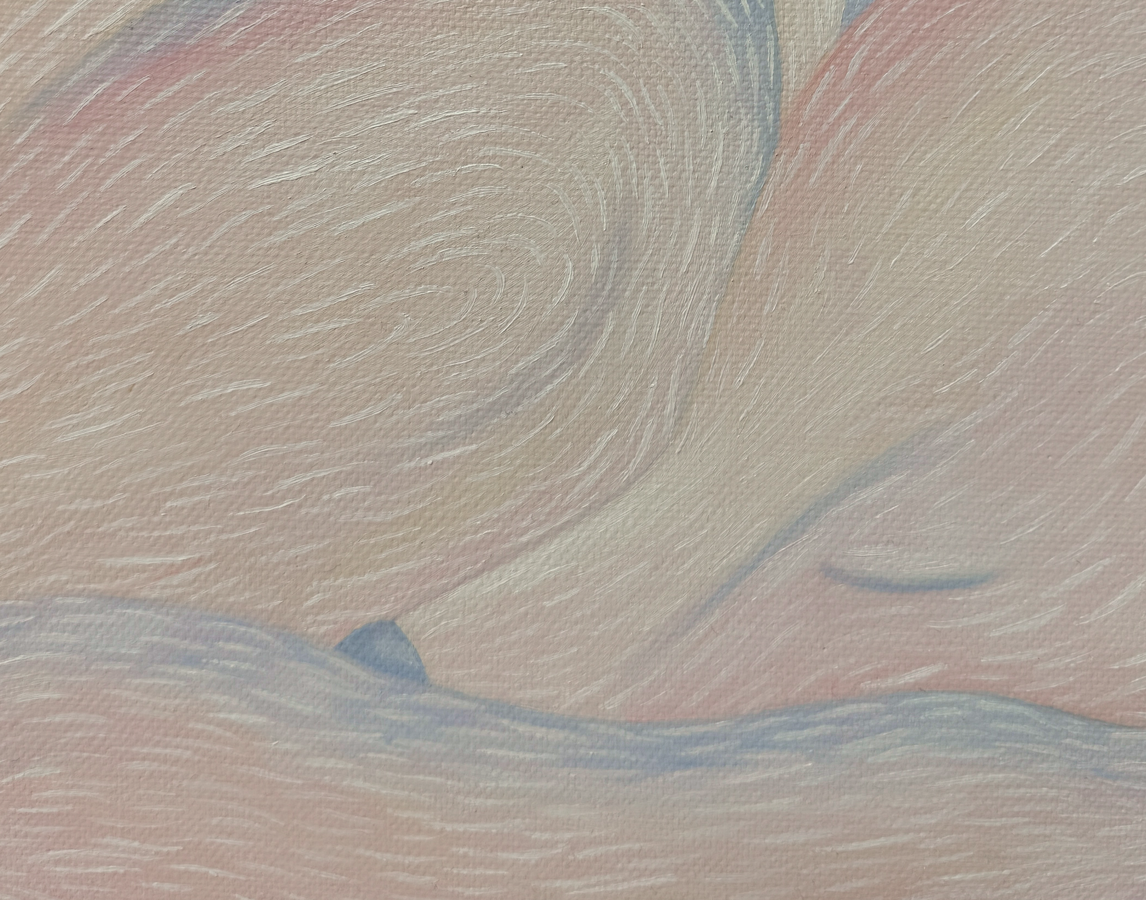 Фрагмент картины, выполненной маслом на холсте, изображает часть свернувшегося животного с розовыми и голубыми оттенками, прорисованными тонкими белыми линиями
