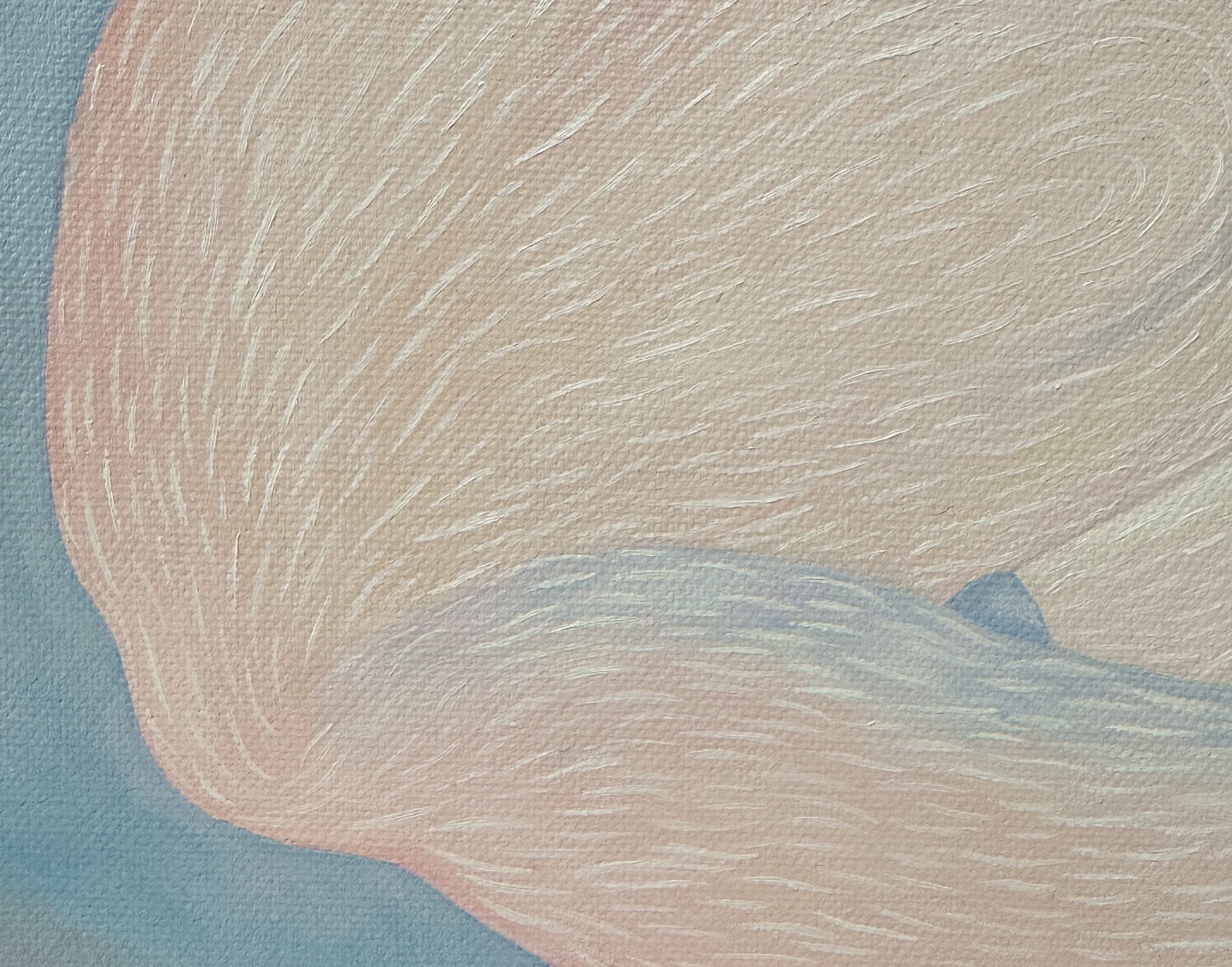 Фрагмент картины, изображающий часть спящей лисы, выполненной маслом на холсте, с розовыми и голубыми оттенками и тонкими белыми линиями