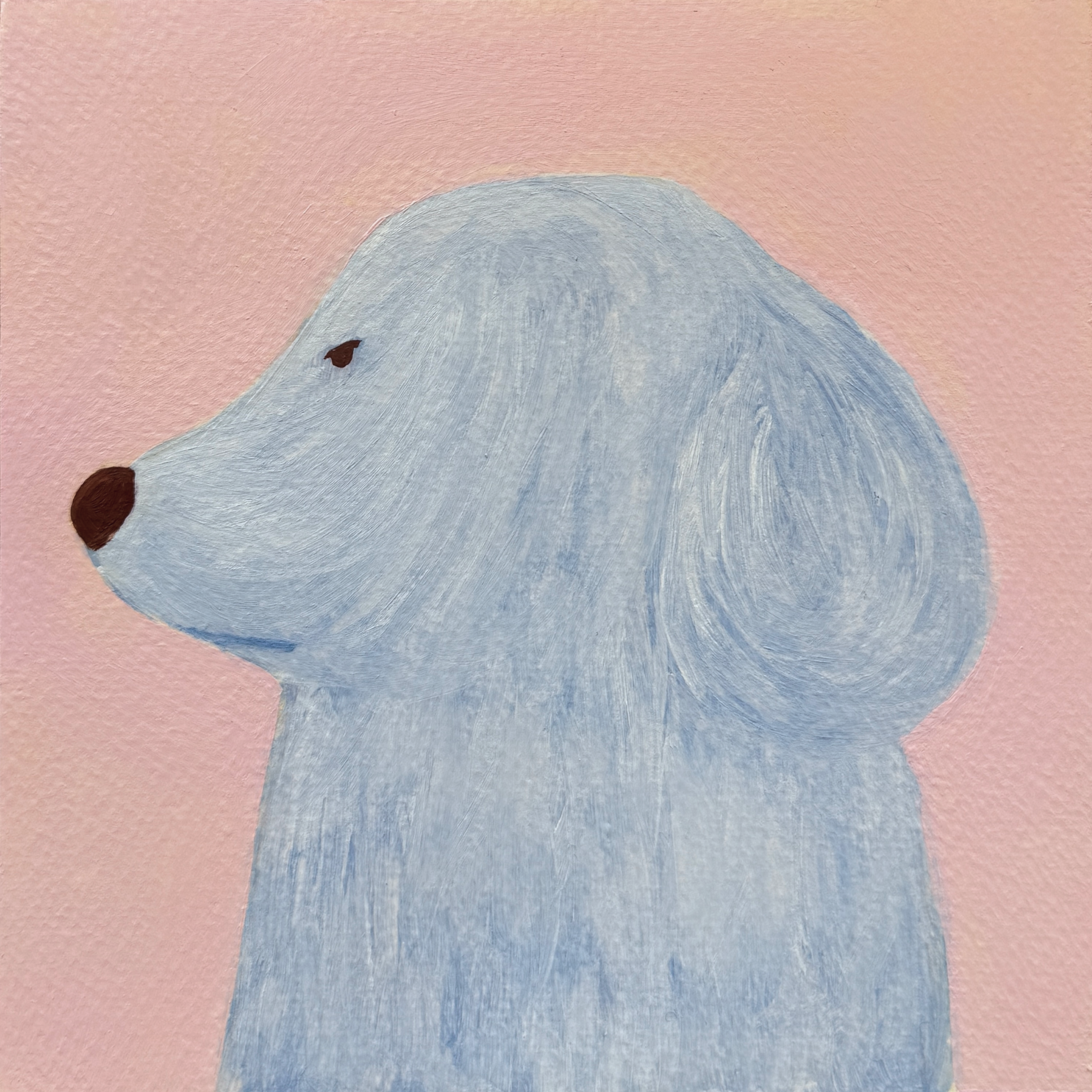 Изображение собаки светло-голубого цвета с коричневым носом и глазом в профиль на розовом фоне, выполнено маслом на бумаге, размер 14 на 14 сантиметров, бумага