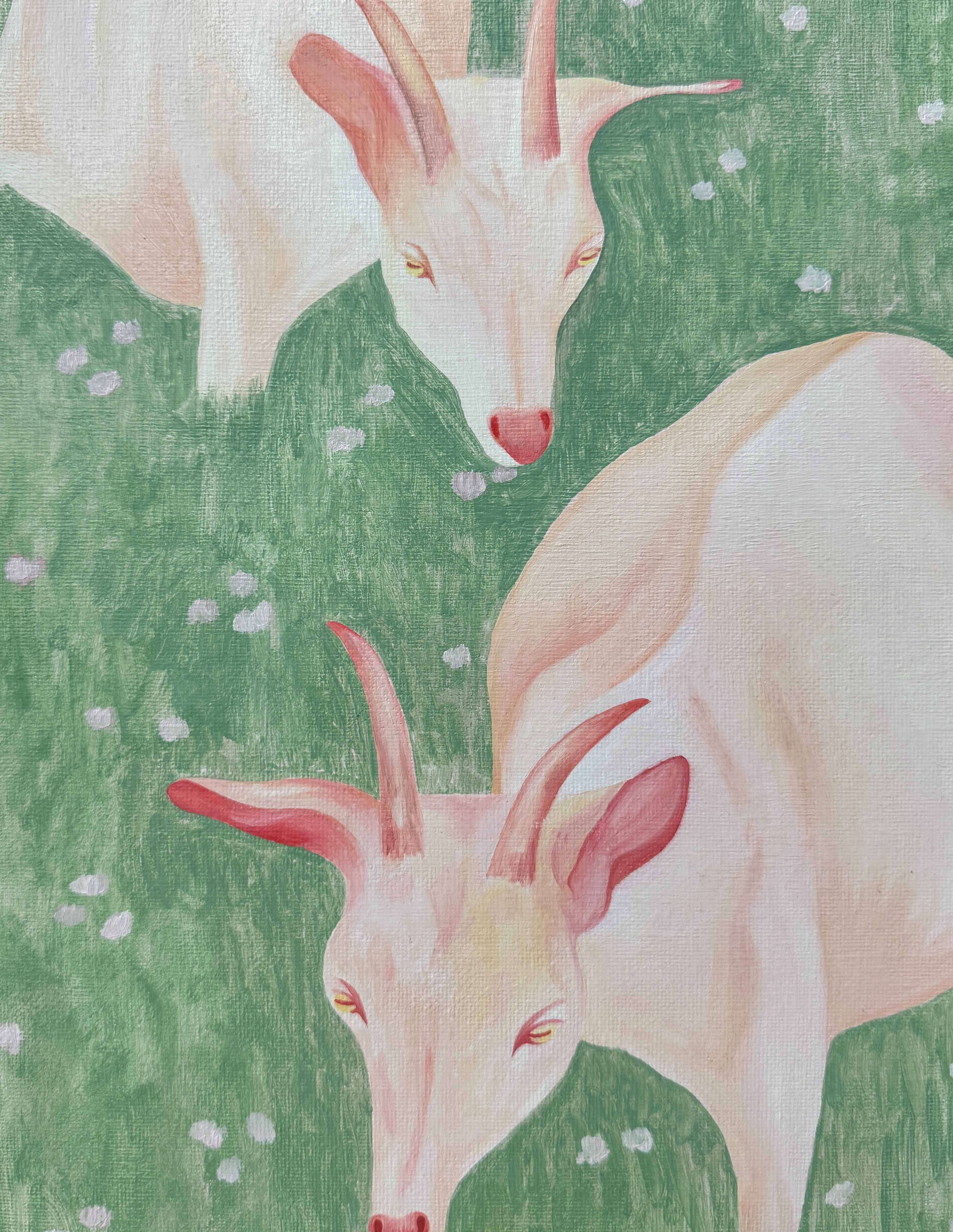 Фрагмент картины, изображающий двух светлых коз с рогами и желтыми глазами на зеленом фоне с розовыми пятнами, масло, картон